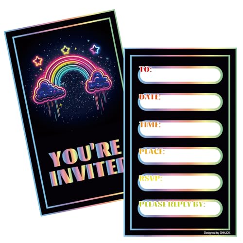 20 Stück Neon-Regenbogen-Party-Einladungen, helles Neon-Design für Partys, Disco-Events und Festivals, rechteckige Karten (20 Stück) von GHKJOK