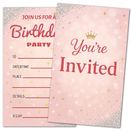 20 rosa doppelseitige Geburtstagsparty-Einladungen für Mädchen, 15 x 9 cm, einzigartiges rosa Themen-Design für Kinderfeiern (20 Stück) von GHKJOK