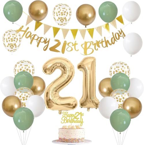 21 Geburtstag Dekorationen für Mädchen Jungen - Salbeigrün Gold Weiß Party Supplies Set mit Nummer 21 Folienballons, Happy Birthday Banner, Konfetti Luftballons, Cake Topper für 21 Jahre Alt Feier 21 Geburtstag Dekorationen für Mädchen Jungen - Salbeigrün Gold Weiß Party Supplies Set mit Nummer 21 Folienballons, Happy Birthday Banner, Konfetti Luftballons, Cake Topper für 21 Jahre Alt Feier von GHKJOK
