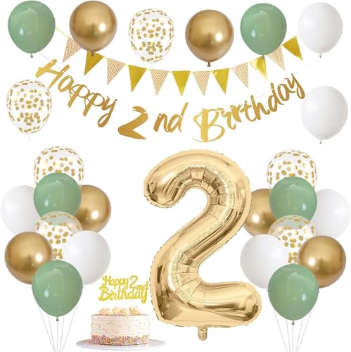 2nd Birthday Decorations for Girls Boys - Green Gold White Party Supplies Set with Number 2 Foil Balloon, Happy Birthday Banner, Confetti Balloons, Latex , Cake Topper for Toddler Party von GHKJOK