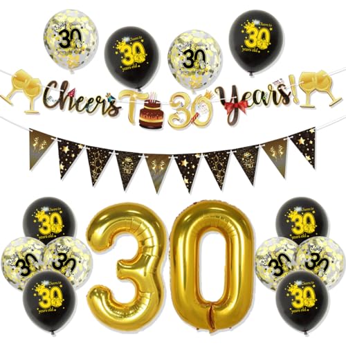 30 Geburtstag Dekorationen für Männer oder Frauen - Schwarz Gold Luftballons Folie Nummer 30 Prost Banner Konfetti Wimpelkette Elegant Party Kit 30 Geburtstag Dekorationen für Männer oder Frauen - Schwarz Gold Luftballons Folie Nummer 30 Prost Banner Konfetti Wimpelkette Elegant Party Kit von GHKJOK