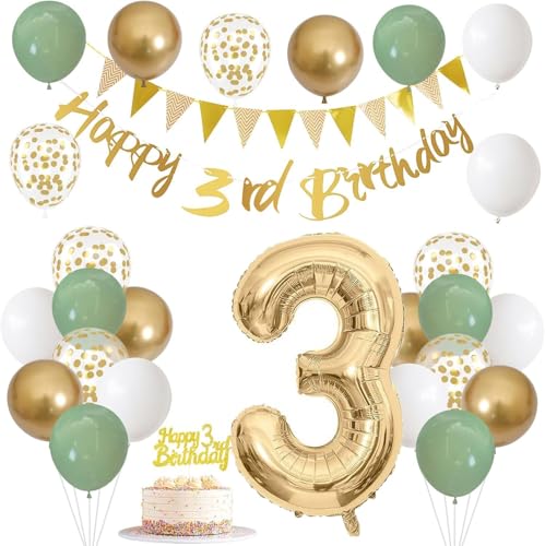 3rd Birthday Decorations for Girls Boys - Green Gold White Party Supplies Set with Number 3 Foil Balloon, Happy Birthday Banner, Confetti Balloons, Latex , Cake Topper for Toddler Party von GHKJOK