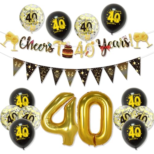 40 Geburtstag Dekorationen Set mit Schwarz Gold Banner, Dreieck Flagge Banner, Konfetti und Luftballons für Party Dekoration, Elegantes Design für Männer Frauen Erwachsene 40 Geburtstag Dekorationen Set mit Schwarz Gold Banner, Dreieck Flagge Banner, Konfetti und Luftballons für Party Dekoration, Elegantes Design für Männer Frauen Erwachsene von GHKJOK