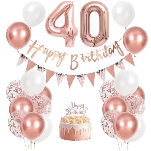 40 Geburtstag Dekorationen für Frauen, Rosegold & Weiß Ballon Set mit Happy Birthday Banner, Folienzahl 40 Luftballons und Cake Topper, Elegant 40th Party Decor Kit 40 Geburtstag Dekorationen für Frauen, Rosegold & Weiß Ballon Set mit Happy Birthday Banner, Folienzahl 40 Luftballons und Cake Topper, Elegant 40th Party Decor Kit von GHKJOK