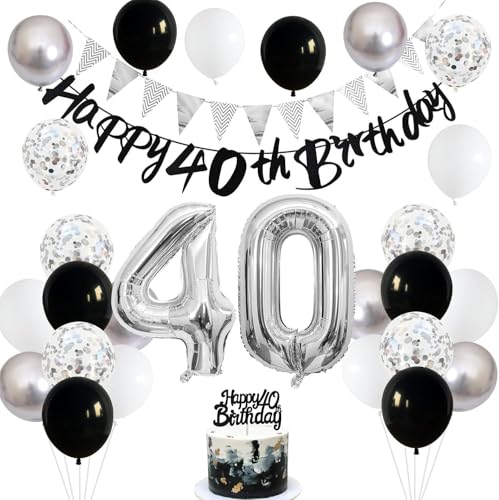 40 Geburtstag Luftballons und Dekorationen für Männer Frauen, Schwarz Weiß Party Set mit Banner Cake Topper Zahl 40 Folienballons, Komplettes 40 Geburtstag Deko Kit für Innen 40 Geburtstag Luftballons und Dekorationen für Männer Frauen, Schwarz Weiß Party Set mit Banner Cake Topper Zahl 40 Folienballons, Komplettes 40 Geburtstag Deko Kit für Innen von GHKJOK