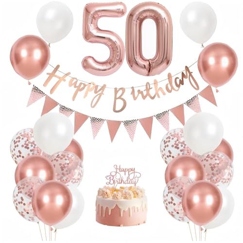 50 Geburtstag Dekorationen für Frauen, Rose Gold Weiß Ballon Set, Happy 50 Birthday Banner, Zahl 50 Folienballon, Cake Topper für 50 Party Decor von GHKJOK