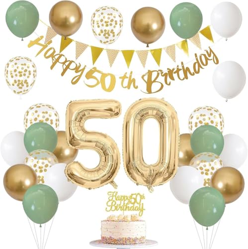 50 Geburtstag Dekorationen für Frauen Männer - Salbeigrün Gold Weiß Party Supplies Set mit Nummer 50 Folienballons, Happy Birthday Banner, Konfetti Luftballons, Cake Topper für 50 Jahre Alt Feier 50 Geburtstag Dekorationen für Frauen Männer - Salbeigrün Gold Weiß Party Supplies Set mit Nummer 50 Folienballons, Happy Birthday Banner, Konfetti Luftballons, Cake Topper für 50 Jahre Alt Feier von GHKJOK