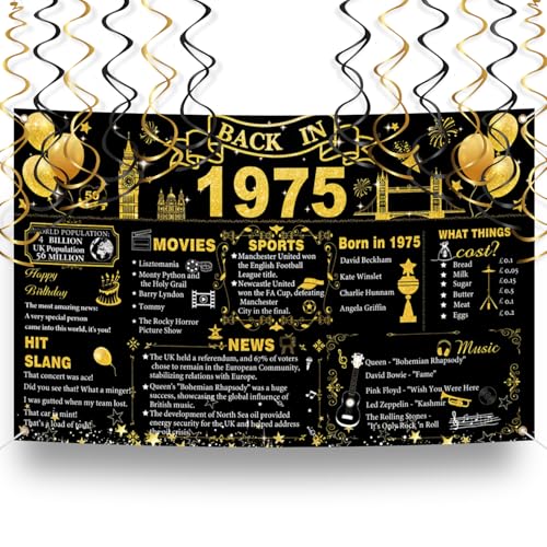 50 Geburtstag Hintergrund, 1975 Thema Geburtstag Schwarz Gold Dekorationen Happy Birthday Banner Vintage Party Supplies mit hängenden Wirbeln Große Feier Party Dekor Einfaches Aufhängen für Fotos 50 Geburtstag Hintergrund, 1975 Thema Geburtstag Schwarz Gold Dekorationen Happy Birthday Banner Vintage Party Supplies mit hängenden Wirbeln Große Feier Party Dekor Einfaches Aufhängen für Fotos von GHKJOK