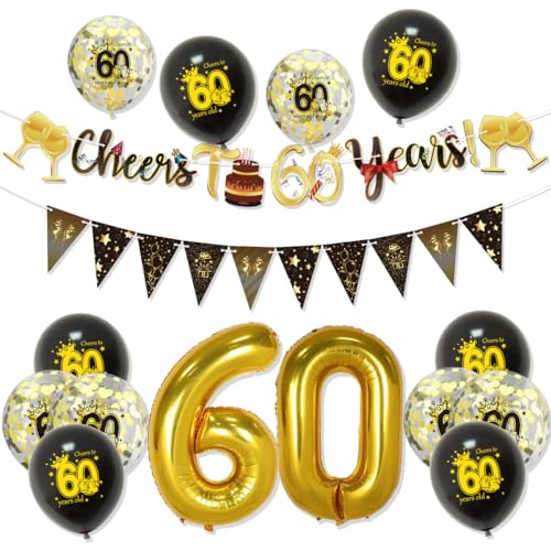 60 Geburtstag Dekorationen Set mit Geburtstagsbanner, Dreieck Flagge Banner, Konfetti und Luftballons für Party Dekoration, Elegantes Design für Männer Frauen Erwachsene 60 Geburtstag Dekorationen Set mit Geburtstagsbanner, Dreieck Flagge Banner, Konfetti und Luftballons für Party Dekoration, Elegantes Design für Männer Frauen Erwachsene von GHKJOK