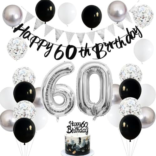 60 Geburtstag Dekorationen für Männer Frauen - Große Zahl 60 Luftballons mit Schwarz Weiß Silber Banner und Cake Topper - Wiederverwendbarer Meilenstein Feier Dekor Kit für Erwachsene 60 Geburtstag Dekorationen für Männer Frauen - Große Zahl 60 Luftballons mit Schwarz Weiß Silber Banner und Cake Topper - Wiederverwendbarer Meilenstein Feier Dekor Kit für Erwachsene von GHKJOK