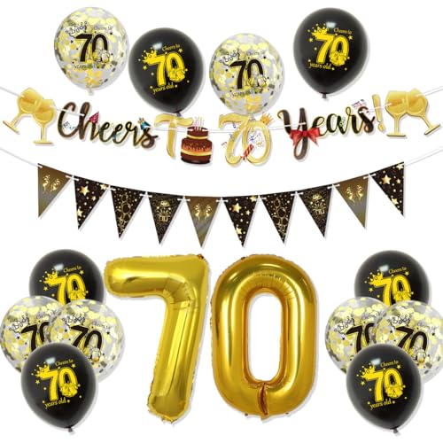 70 Geburtstag Dekorationen für Männer oder Frauen - Schwarz Gold Luftballons, Folienzahl 70, Prost Banner, Konfetti & Wimpelkette - Elegant Party Kit von GHKJOK