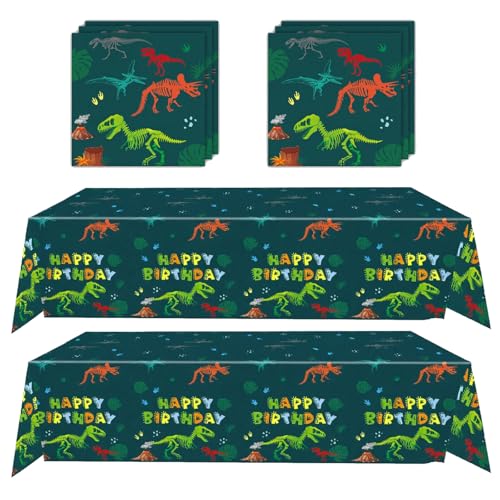 Dinosaurier-Tischdecken mit 20 Servietten, 137,2 x 274,3 cm, Cartoon-Fossils-Dino-Design, PE-Tischdecken für Kindergeburtstag, Babyparty und Geschlechtsoffenbarungsdekorationen, 2 Stück von GHKJOK