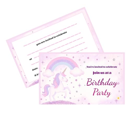 Einhorn-Regenbogen-Geburtstagsparty-Einladungen für Mädchen mit 20 beschreibbaren Karten, 300 g/m² Seidenpapier, einzigartiges Design für Kinderparty-Einladungen (20 Stück) von GHKJOK