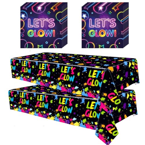 GHKJOK Neon Party Tischdecken-Set, 2 wasserdichte Tischdecken mit 20 Neon-Servietten, UV-reaktiv, leicht zu reinigender PE-Kunststoff, für leuchtende Partys, Geburtstage und Innen- und von GHKJOK