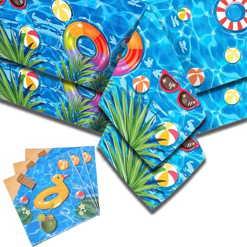 GHKJOK Pool-Party-Tischdecken-Set, 130 x 224 cm, wasserdicht, Ozeanwellen-Design, Sommer-Geburtstagsparty-Zubehör für Jungen und Mädchen, Einweg-Tischdecken aus Polyethylen mit lustigem Schwimm-Thema von GHKJOK
