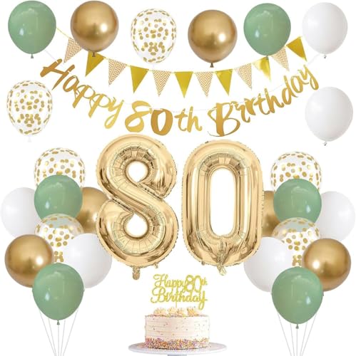 Gold Weiß 80 Geburtstag Banner Luftballons Kuchen Topper Schärpe Wimpelkette Flaggen Zahl Helium Ballons für Männer Frauen Party Dekor Set mit DIY Montage Kit Gold Weiß 80 Geburtstag Banner Luftballons Kuchen Topper Schärpe Wimpelkette Flaggen Zahl Helium Ballons für Männer Frauen Party Dekor Set mit DIY Montage Kit von GHKJOK