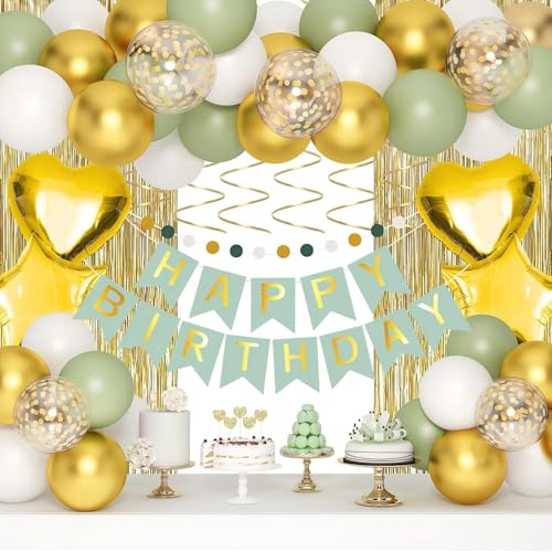 Happy Birthday Banner mit elegantem Salbeigrün Gold Weiß Luftballons Set, Komplettes Party Dekorationen Kit inklusive Fransenvorhang und Wirbeln für Frauen Männer Mädchen Jungen, langlebig Happy Birthday Banner mit elegantem Salbeigrün Gold Weiß Luftballons Set, Komplettes Party Dekorationen Kit inklusive Fransenvorhang und Wirbeln für Frauen Männer Mädchen Jungen, langlebig von GHKJOK