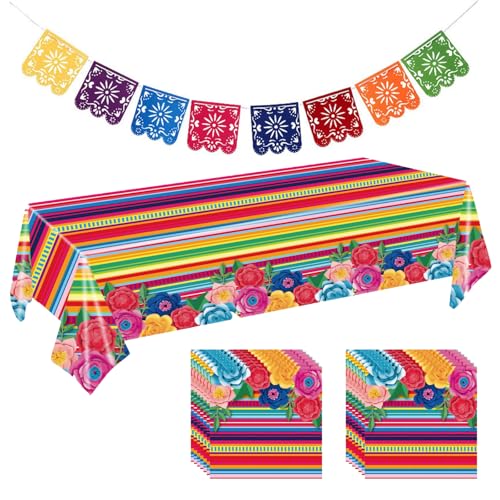 Mexikanisches Party-Tischdekorationsset – inklusive bunter Tischdecke, wiederverwendbarem Papel-Picado-Banner und 20 Einweg-Servietten – Tag der Toten, Cinco de Mayo & Fiesta Themen-Zubehör von GHKJOK