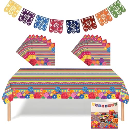 Mexikanisches Partydekorationsset - Enthält bunte Tischdecke, 20 Servietten & Papel Picado Banner - Kompletter Tag der Toten, Halloween & Taco Night Party Tischbedarf für den Innen- und Außenbereich von GHKJOK