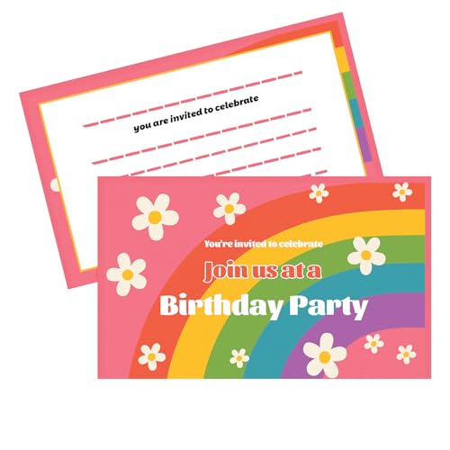 Party-Einladungen für Mädchen, Regenbogenfarben und Rosa, 300 g/m², Seidenkarton, doppelseitiger Druck, 20 Stück, für Geburtstagsfeiern (20 Stück) von GHKJOK