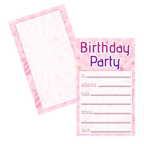 Pink Starburst Motto-Party-Einladungen für Kinder, 300 g/m² dicker Karton mit glänzender Vorderseite, matter Rückseite, einzigartiges Design, Geburtstagsparty-Einladungen (20 Stück) von GHKJOK