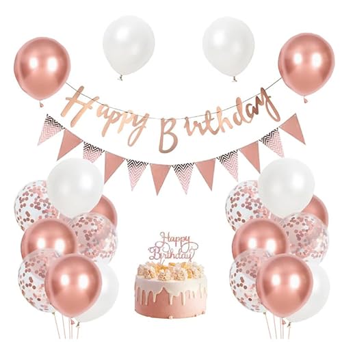 Roségold Geburtstagsdekorationen für Sie, elegantes Party-Ballon-Banner-Kit mit Kuchenaufsatz und Dreiecksflagge, Allalter-Geburtstagsbedarf für Frauen Mädchen Frau Mama Tochter von GHKJOK