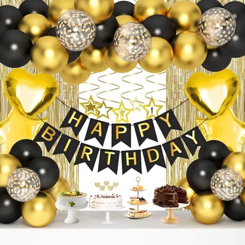 Schwarz & Gold Geburtstag Dekoration Set - 55pcs Einschließlich Banner, Premium Latex Ballons, Metallic Fransen Vorhang Wirbel Elegante Party Dekor für Erwachsene und Kinder von GHKJOK