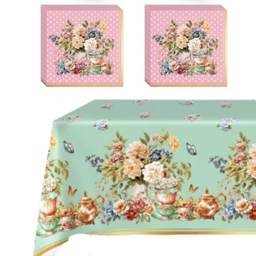 Tea Party Tischdecke und Servietten Set – 2 wasserdichte Tischdecke mit Blumenmuster und 20 Vintage-Papierservietten – elegante Nachmittagstee-Dekorationen für Geburtstag, Brautparty, Gartenparty von GHKJOK