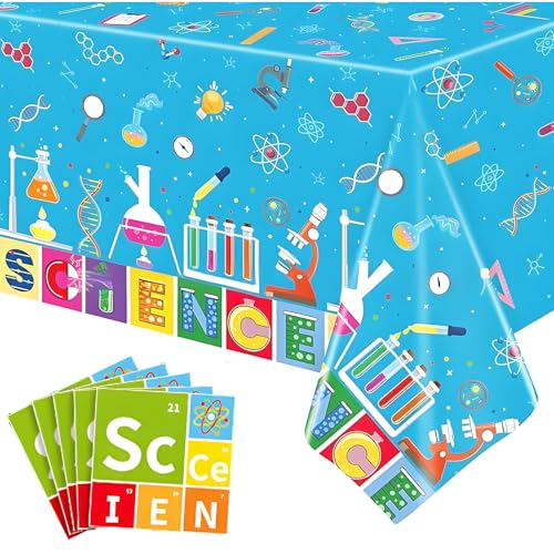 Wissenschaftliches Party-Dekorationsset für Kinder, mit 2 Einweg-Tischdecken, 137 x 274 cm und 20 Servietten, blaues Laborthema für Geburtstag, Picknick, drinnen und draußen, wasserdichter Kunststoff von GHKJOK