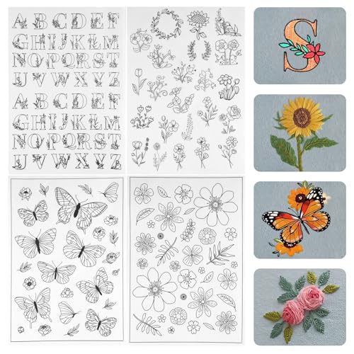 GHLAECM 4 Blatt 135 Stück Stickvorlagen Wasserlöslich, Selbstklebend mit Blumen, Schmetterlingen, Pflanzen und Buchstaben für DIY, Kleidung und Taschen – Ideal für Anfänger, Sticken Vorlagen GHLAECM 4 Blatt 135 Stück Stickvorlagen Wasserlöslich, Selbstklebend mit Blumen, Schmetterlingen, Pflanzen und Buchstaben für DIY, Kleidung und Taschen – Ideal für Anfänger, Sticken Vorlagen von GHLAECM