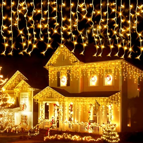 GHONLZIN Eisregen Lichterkette Außen, 5M Wasserdicht Eiszapfen Lichterkette, 256 LEDs Hängende Weihnachtsbeleuchtung Strombetrieben mit 8 Modi, für Hof Garten Party Hochzeit Christmas Dekorationen GHONLZIN Eisregen Lichterkette Außen, 5M Wasserdicht Eiszapfen Lichterkette, 256 LEDs Hängende Weihnachtsbeleuchtung Strombetrieben mit 8 Modi, für Hof Garten Party Hochzeit Christmas Dekorationen von GHONLZIN