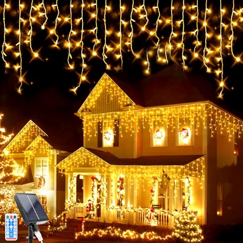 GHONLZIN LED Solar Lichterkette Aussen, 7M 256 LEDs Solar lichterkette Deko, 32pcs*8 LEDs Solar Wasserdicht Eisregen Lichterkette für Hof, Garten, Hochzeit, Party, Hausdach, Weihnachtsdekoration von GHONLZIN