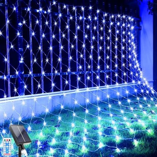 GHONLZIN Solar Lichterkette, 2x3m LED Lichternetz Lichterkette, 192 LEDs 8 Modi Weihnachtsbeleuchtung Außen Wasserdicht Lichternetz mit Fernbedienung Timer für Geburstag, Hochzeit (2 * 3M, Blau) von GHONLZIN