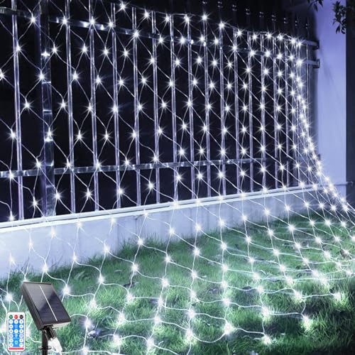 GHONLZIN Solar Lichterkette, 2x3m LED Lichternetz Lichterkette, 192 LEDs 8 Modi Weihnachtsbeleuchtung Außen Wasserdicht Lichternetz mit Fernbedienung Timer für Geburstag, Hochzeit (2 * 3M, Weiß) von GHONLZIN