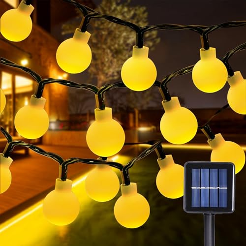 LED Lichterkette Innen Außen, 12M Lichterkette Kugel, 100 LEDs 8 Modi Wasserdicht LED Globe Lichterkette Glühbirnen mit Solar für Garten, Balkon, Hochzeit, Schlafzimmer (Gold) von GHONLZIN