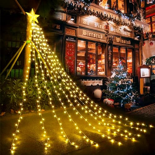 LED Lichterkette für Weihnachtsbaum, 9*2m USB LED Lichterkette mit Sternspitze 193 LEDs Weihnachtsschmuck Sternlicht, 8 Beleuchtungsmodi Lichterkette mit Fernbedienung für Weihnachtsbaum (Warm White) von GHONLZIN