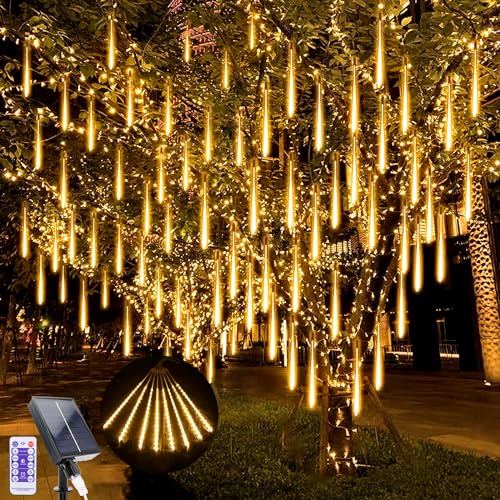 LED Solar Fallende Weihnachtsbeleuchtung, 240 LEDs Meteorschauer Regen Beleuchtung Schneefall Lichter, 10 Röhren 30cm Wasserdichte Weihnachten Lichter für Xmas Baum Hochzeit Dekoration (warm weiß) von GHONLZIN