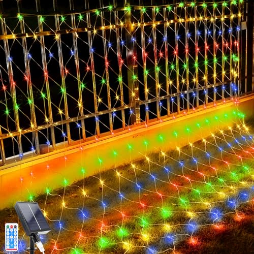 Solar Lichterkette, 1.5x1.5m LED Lichternetz Lichterkette , 96 LEDs 8 Modi Weihnachtsbeleuchtung Außen Wasserdicht Lichternetz mit Fernbedienung Timer für Geburstag, Hochzeit (1.5*1.5M, Farblig) von GHONLZIN