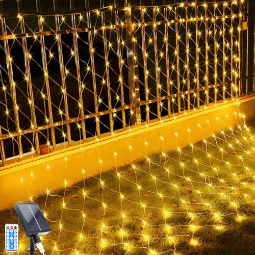 Solar Lichterkette, 1.5x1.5m LED Lichternetz Lichterkette , 96 LEDs 8 Modi Weihnachtsbeleuchtung Außen Wasserdicht Lichternetz mit Fernbedienung Timer für Geburstag, Hochzeit (1.5*1.5M, Warmes Weiß) von GHONLZIN