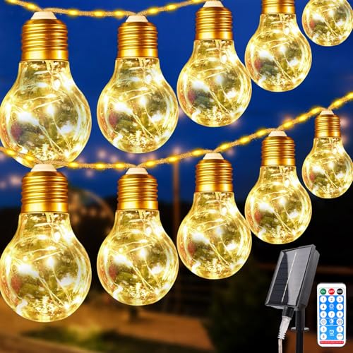 Solar Lichterkette Aussen, 5M 149LEDs Vintage Hanfseil Lichterkette Wasserdicht mit Fernbedienung, 10 Glühbirnen, 8 Modi, Wiederaufladbare Solar Kugel Lichterkette für Garten, Weihnachtsfeier Dekor von GHONLZIN