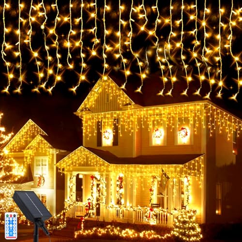 Solare Eiszapfen Lichter, 5M Wasserdicht Eiszapfen Lichterkette, 256LEDs Außen Solar Lichterkette mit 8 Modi Fernbedienung, Weihnachtsbeleuchtung für Hof Garten Party Hochzeit Christmas Dekorationen Solare Eiszapfen Lichter, 5M Wasserdicht Eiszapfen Lichterkette, 256LEDs Außen Solar Lichterkette mit 8 Modi Fernbedienung, Weihnachtsbeleuchtung für Hof Garten Party Hochzeit Christmas Dekorationen von GHONLZIN