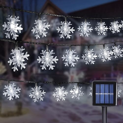 Weihnachten Schneeflocke Lichterketten, 12M LED Schneeflocken Lichterkette, 100 LEDs Wasserdichte 8 Modi Lichterkette mit Solar Innen Außen für Hochzeiten, Geburtstage, Partys (Schneeflocke, Weiß) von GHONLZIN