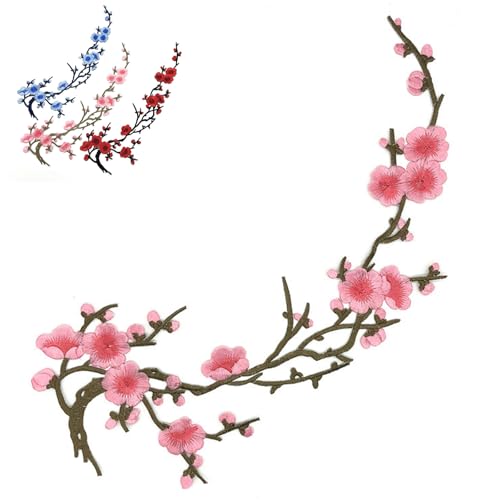 Pflaumenblüten-Stickerei-Flicken im Vintage-Stil, bestickt, zum Aufbügeln, traditionelle Applikation für Kleidung, Taschen, Dekoration (Rosa) von GHTRHSB