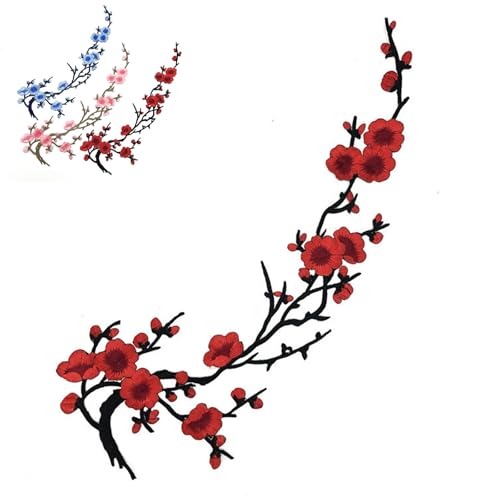 Pflaumenblüten-Stickerei-Flicken im Vintage-Stil, bestickt, zum Aufbügeln, traditionelle Applikation für Kleidung, Taschen, Dekoration (rot) von GHTRHSB