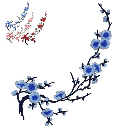 Pflaumenblumen-Stickerei-Flicken im Vintage-Stil, bestickt, zum Aufbügeln, traditionelle Applikation für Kleidung, Taschen, Dekoration (blau) von GHTRHSB