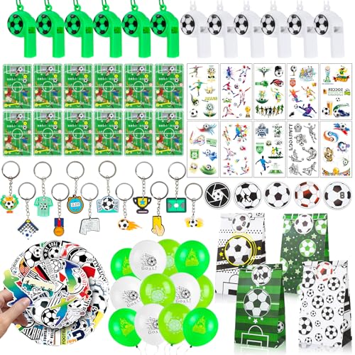 120 Stück Fußball Party Mitgebsel Kinder, Fussball Mitgebsel Jungen, Mitgebsel Kindergeburtstag mit Goodie-Bags, Schlüsselbund, Pfeifen, Aufklebern, Tattoo Aufklebern, Pachinko und Luftballons von GHVACZS