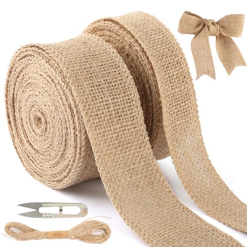 GHVACZS 20m Juteband, 2,5/4cm Breit Burlap Band, Vintage Geschenkband mit Zwirn und Schere, Sackleinen Band für Handwerk, Weihnachten Deko, Hochzeit Deko (10m/Rollen) von GHVACZS