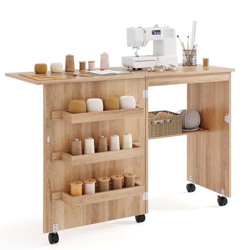 GIANTEX Nähtisch klappbar, Nähmaschinentisch auf Rollen, Nähtisch für Nähmaschine, Nähschrank Holz, Mehrzwecktisch für Wohnzimmer Arbeitszimmer Schlafzimmer (Eiche) von GIANTEX