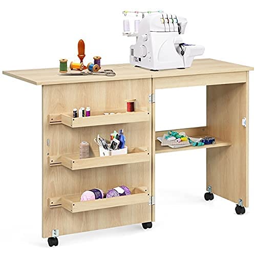 GIANTEX Nähtisch klappbar, Nähmaschinentisch auf Rollen, Nähtisch für Nähmaschine, Nähschrank Holz, Mehrzwecktisch für Wohnzimmer Arbeitszimmer Schlafzimmer (Natur) von GIANTEX