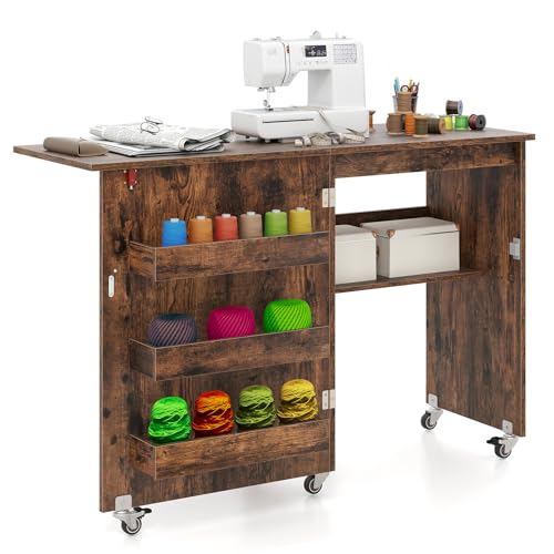GIANTEX Nähtisch klappbar, Nähmaschinentisch auf Rollen, Nähtisch für Nähmaschine, Nähschrank Holz, Mehrzwecktisch für Wohnzimmer Arbeitszimmer Schlafzimmer (Vintage Braun) von GIANTEX